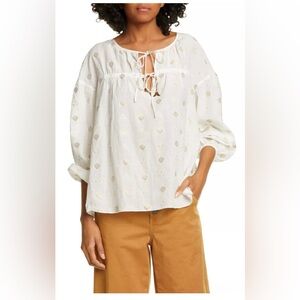 NWOT JOIE Long Sleeve Gold Metallic Nadija Top Porcelain White Small